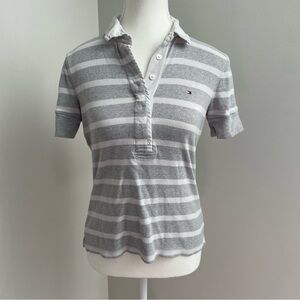 Y2K Tommy Hilfiger Stripe Polo Shirt White and Grey Preppy Size Extra Small
